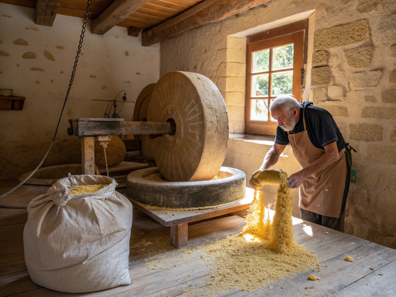 Artisan stone-ground flour in wooden bins