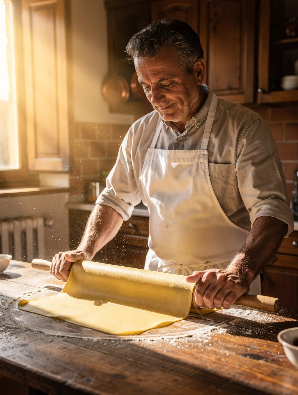 Executive Chef Alessandro Rossi preparing fresh pasta in the kitchen