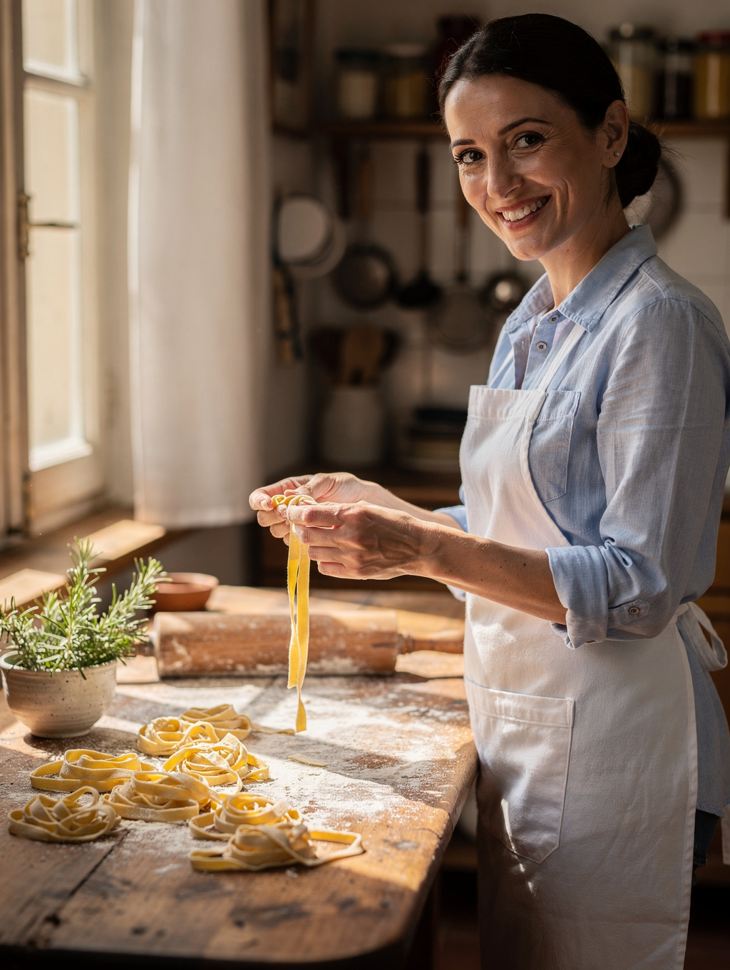 Chef Elena Bianchi dusting flour over freshly baked artisan bread