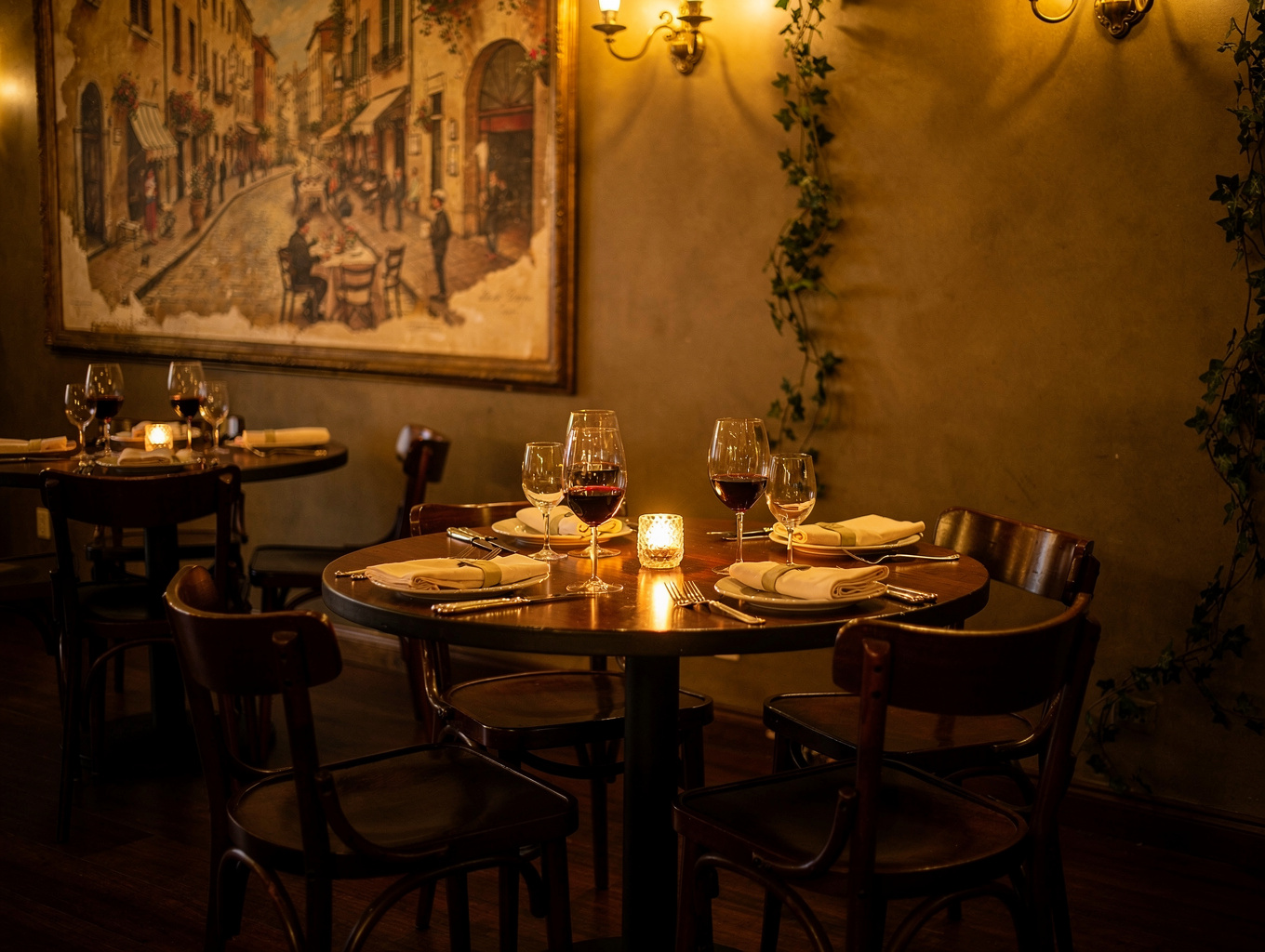 Cozy Italian restaurant dining room with warm lighting