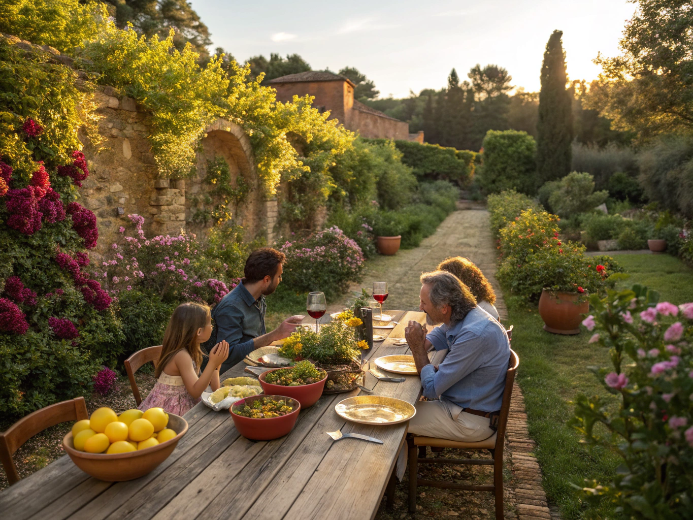 Long family-style table with rustic Italian dishes