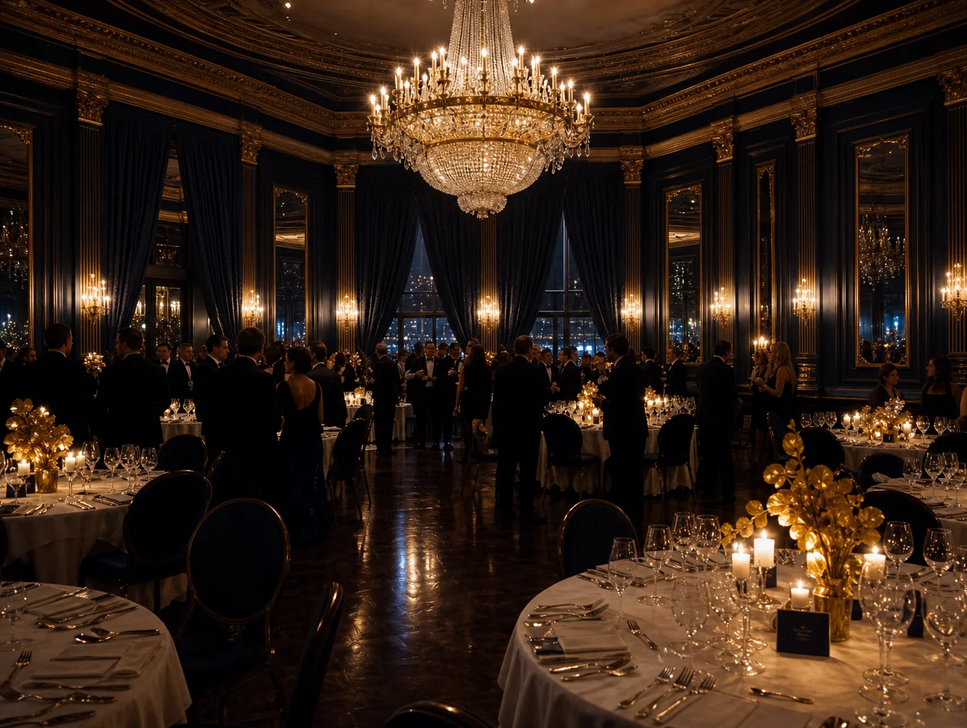 Grand dining room prepared for an evening event